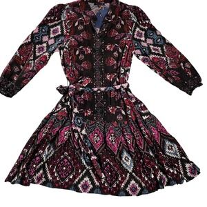 Skies Are Blue XS Boho Floral Ikat Belted Tiered Mini Dress NWT